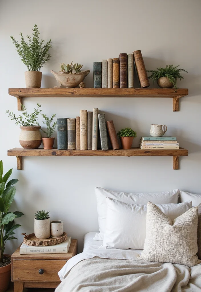 Easy DIY Bedroom Decor Ideas: A Cozy Guide with 20 Stylish Inspirations - 14. Rustic Wooden Shelves