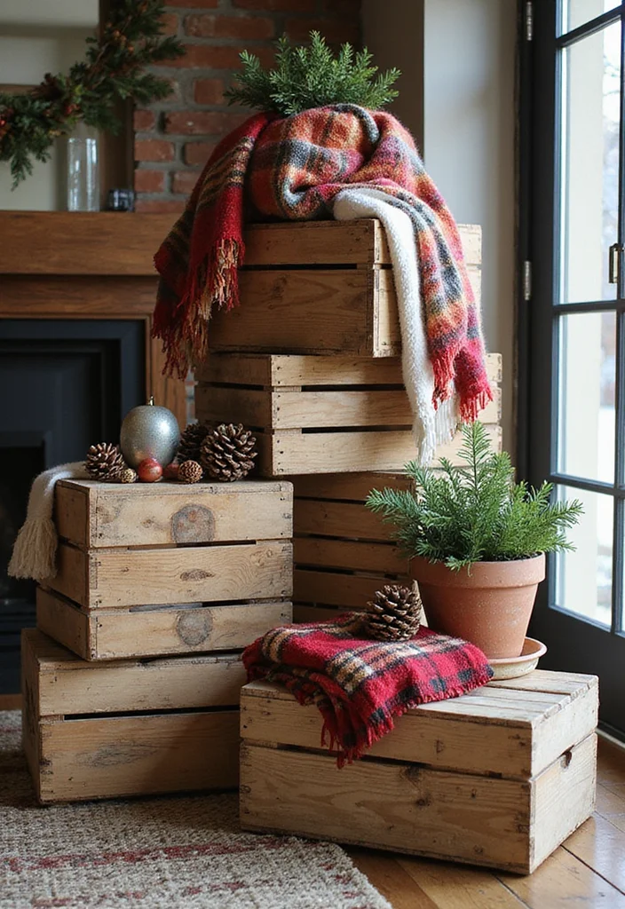 Farmhouse Christmas Decor Ideas DIY: A Warm Rustic Guide with 18 Holiday Concepts - 11. Upcycled Wooden Crates for Storage