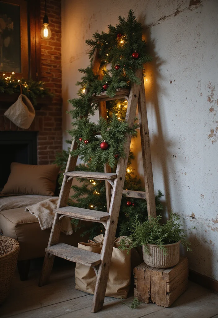 Farmhouse Christmas Decor Ideas DIY: A Warm Rustic Guide with 18 Holiday Concepts - 8. Vintage Ladder Decor