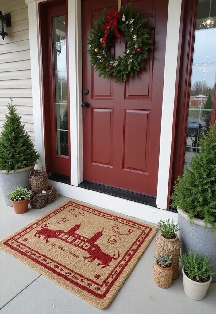 Front Porch Christmas Decor Ideas DIY: A Warm & Welcoming Guide with 18 Festive Inspirations - 15. Holiday-themed Rugs