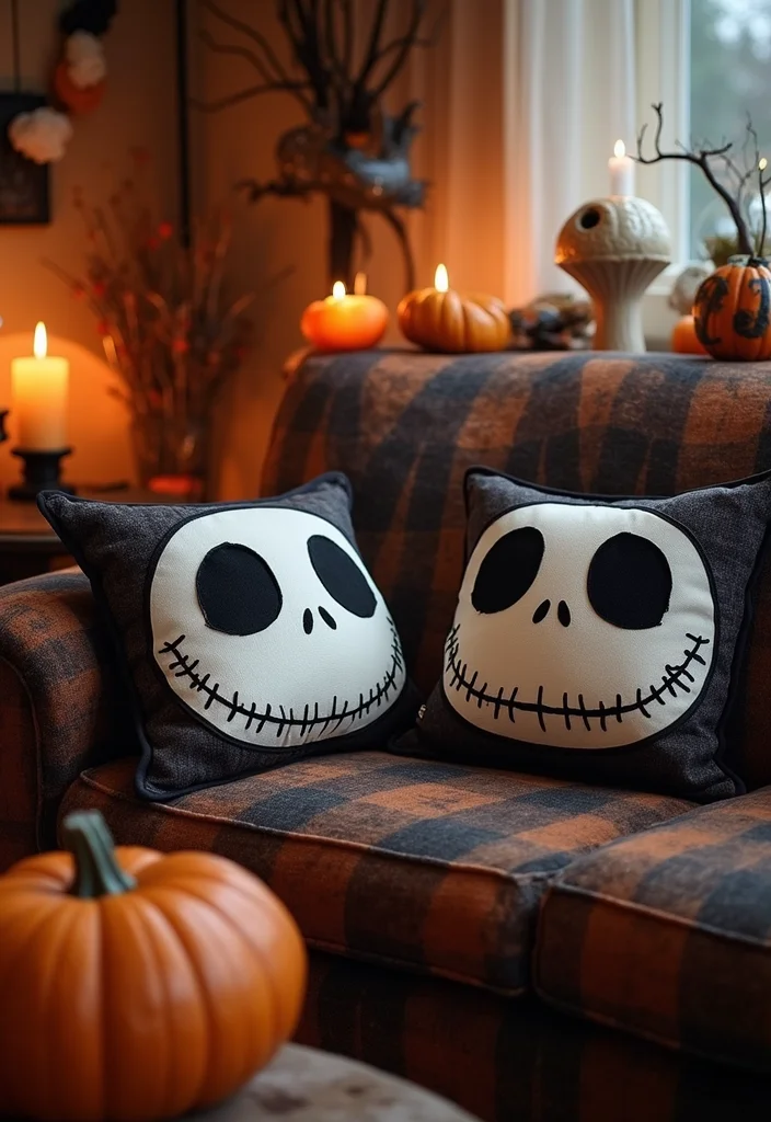 Nightmare Before Christmas DIY Decor: A Spooky Holiday Guide with 19 Fun Inspirations - 7. Jack’s Face Throw Pillows