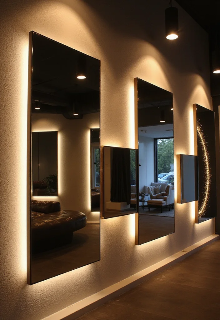 Square Mirror Wall Decor DIY: A Modern Home Guide with 20 Sleek Styling Concepts - 17. Mirror Wall Art with Lights