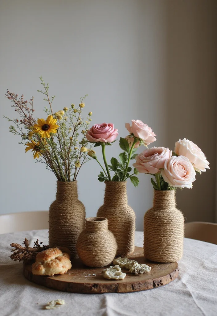 Unique DIY Home Decor Ideas: A Creative Guide with 17 Artistic Inspirations - 12. Twine-Wrapped Vases