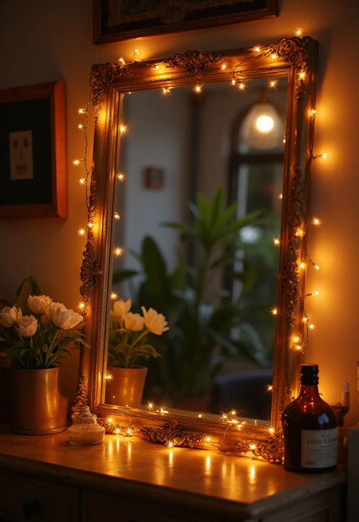 Walmart Mirror Wall Decor DIY: A Sleek Modern Guide with 20 Stylish Inspirations - 7. Mirror Décor with String Lights