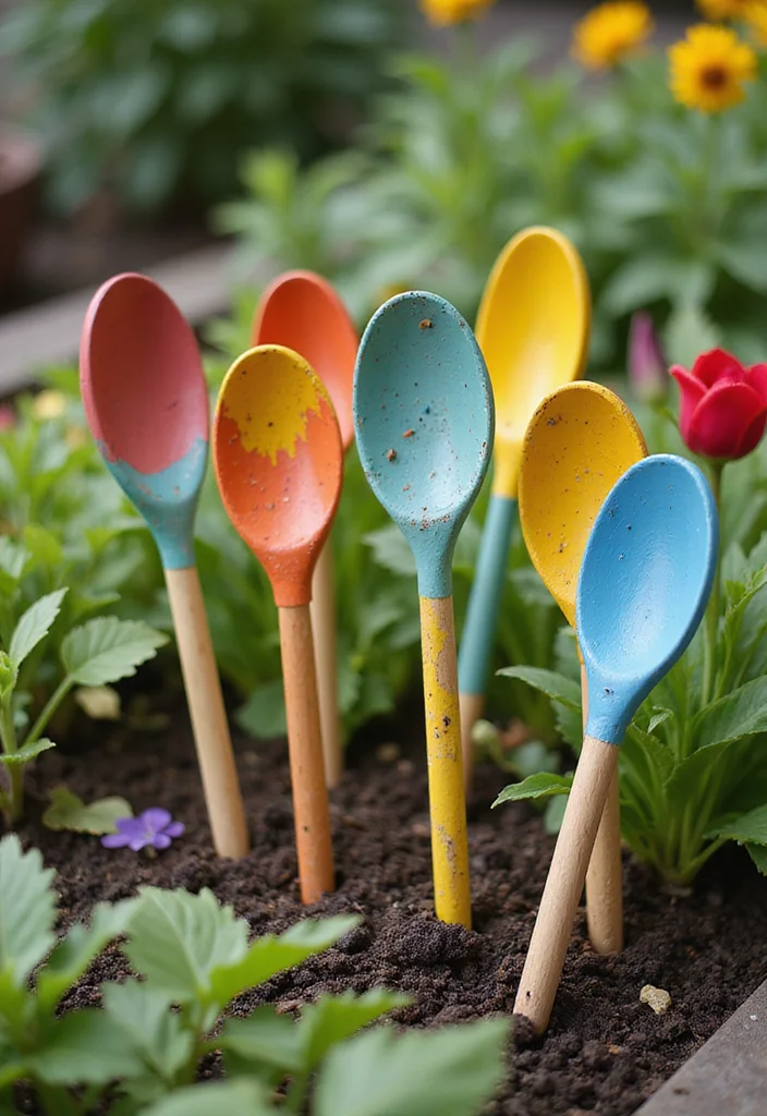 Yard Decor DIY Outdoor Projects: An Inspiring Guide with 20 Creative Outdoor Ideas - 18. Painted Wooden Spoons Garden Markers