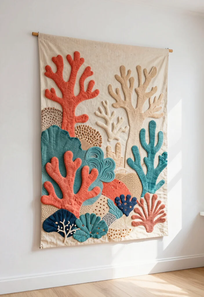 DIY Beachy Room Decor: Best Blog Guide with 18 Light Coastal Vibes - 5. Coral Reef Fabric Wall Hanging 1