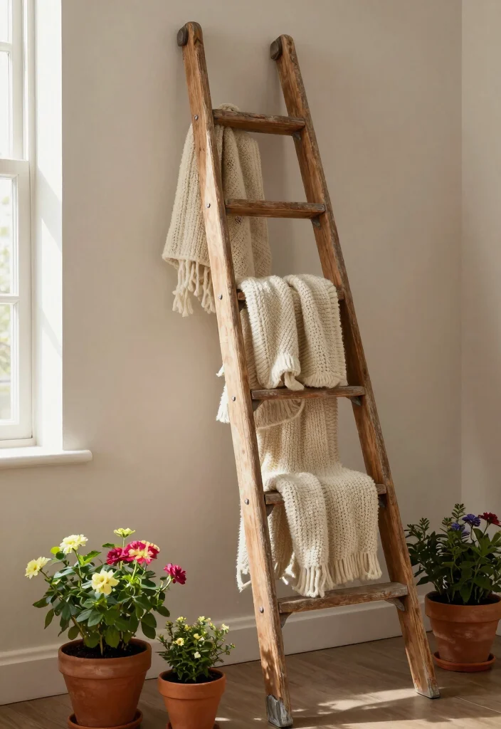 DIY Country Home Decor: Best Blog Guide Featuring 20 Rustic Styling Ideas - 3. Vintage Ladder Display 1