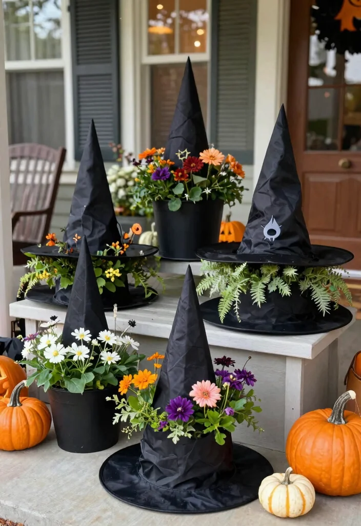 DIY Halloween Porch Decor: Best Blog Guide with 17 Spooky Outdoor Ideas - 17. Witch’s Hat Planters 1