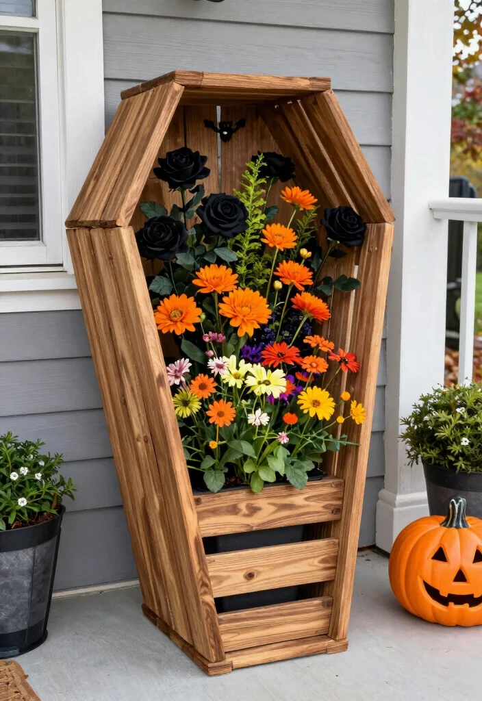 DIY Halloween Porch Decor: Best Blog Guide with 17 Spooky Outdoor Ideas - 9. Coffin Planter 1