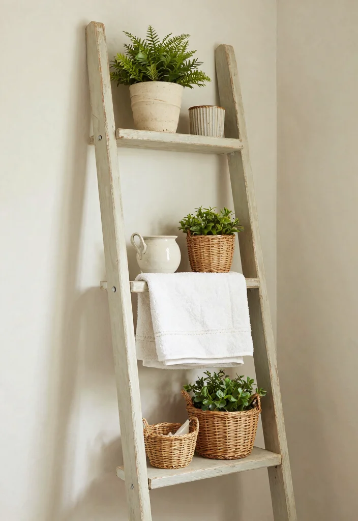 Dollar Tree Bathroom Decor DIY: Best Blog Guide with 18 Affordable Makeover Ideas - 12. Repurposed Ladder Shelf 1