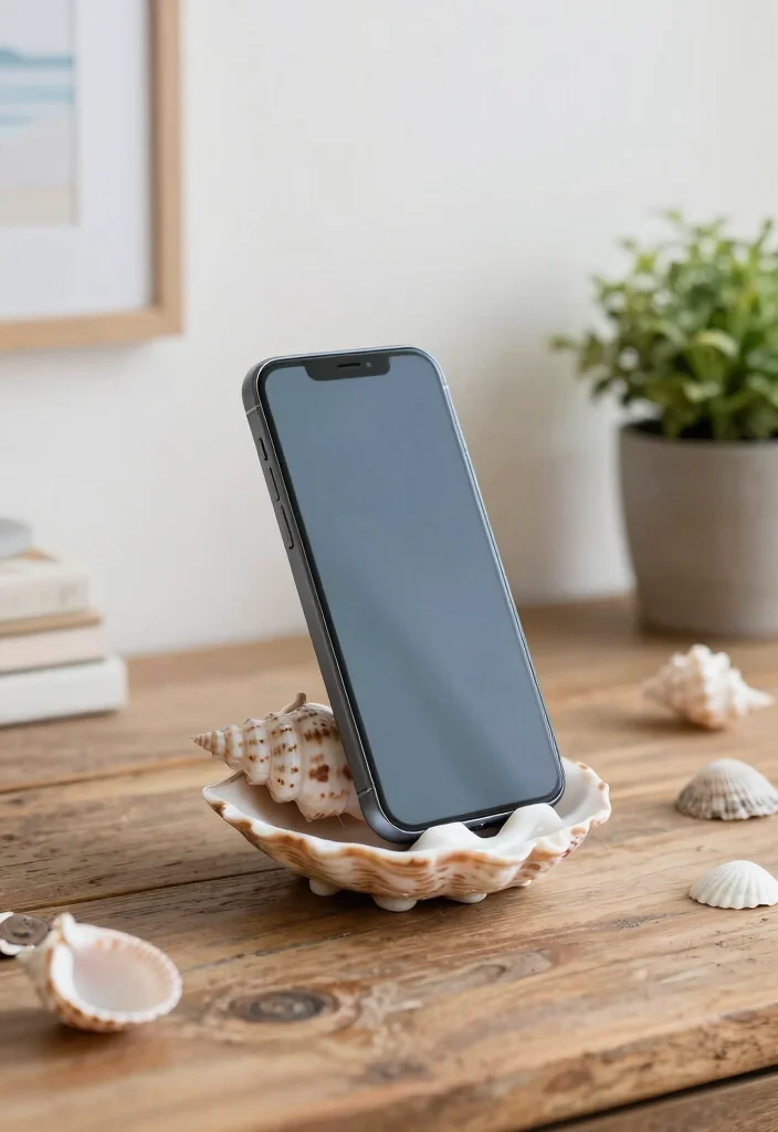 Seashell Crafts DIY Home Decor: Best Blog Guide with 17 Coastal-Inspired Ideas - 15. Seashell Phone Stand 1